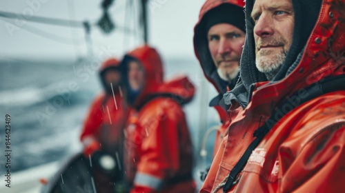 Three men in red rain jackets on a boat in the rain.