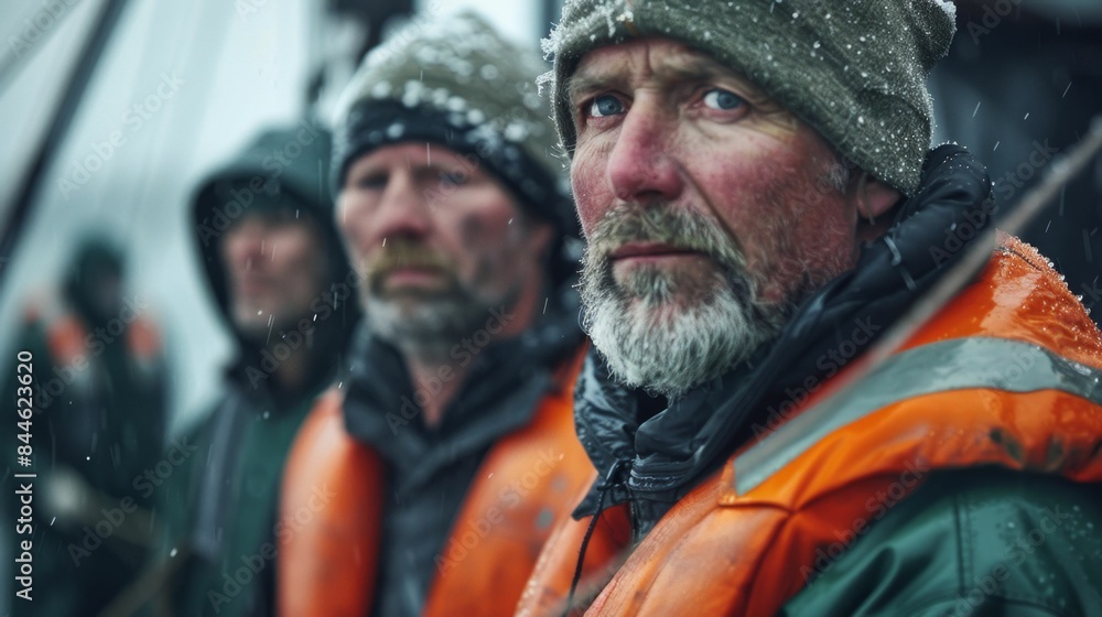 A group of men in orange life vests and hats standing in the rain looking out over the water. A group of men in orange life vests and hats standing in the rain looking out over the water.