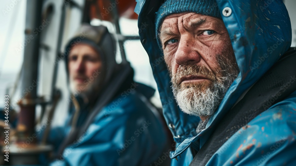 Two men on a boat one with a stern expression and a gray beard both wearing blue jackets and hats looking out into the distance. Two men on a boat one with a stern expression and a gray beard both wearing blue jackets and hats looking out into the distance.