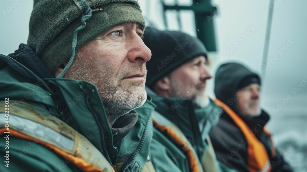Three men in winter gear with beards and hats looking into the distance on a boat possibly in a cold foggy environment. Three men in winter gear with beards and hats looking into the distance on a boat possibly in a cold foggy environment.