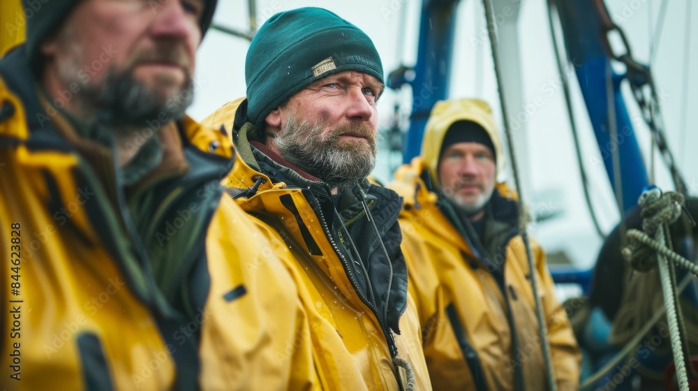 Three men in yellow jackets and hats standing on a boat looking into the distance with serious expressions. Three men in yellow jackets and hats standing on a boat looking into the distance with serious expressions.