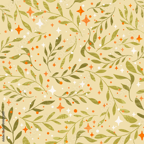A delicate, swirling floral seamless vector pattern with twisting green leafy vines, scattered orange berries and star bursts across a light beige background, evoking an autumn fantasy.
