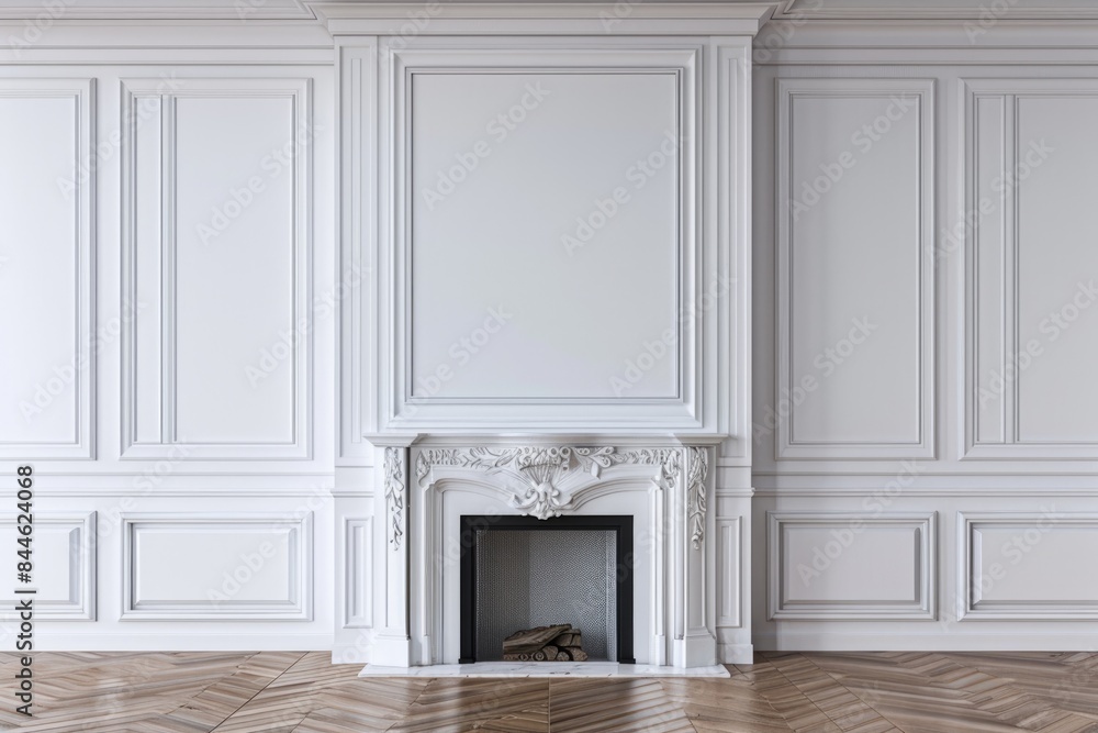 White Fireplace in Modern Classic Interior with Wall Panels and Wooden Floor