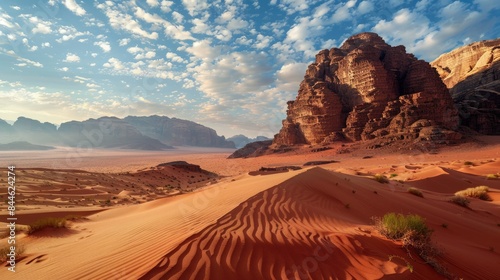 Arab Desert. Stunning Landscape of Wadi Rum Desert in Jordan with Sand Dunes and Rocky Mountains