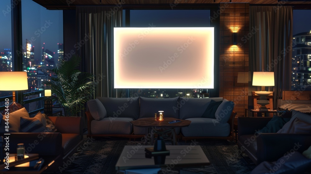 Cozy living room with city view, featuring large glowing TV screen, modern furniture, warm lighting, and a relaxing ambiance at night. Cozy living room with city view, featuring large glowing TV screen, modern furniture, warm lighting, and a relaxing ambiance at night.