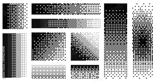 Pixel disintegration background. Retro 8 bit game effect, old TV screen damage, 2D sprite graphic. Vector dithering and noise dissolve effect