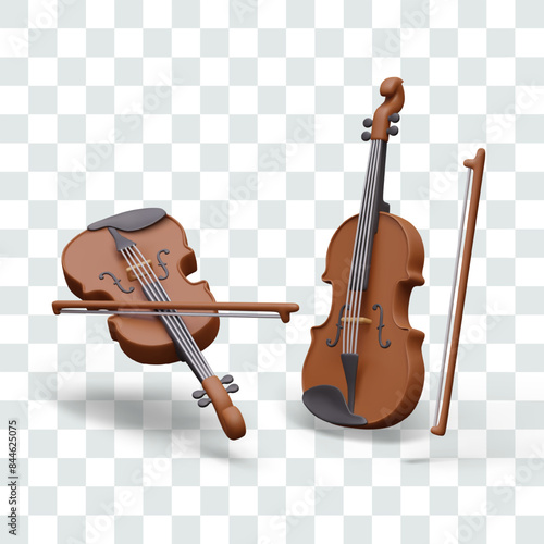 Realistic violin and bow. Set of vector elements in different positions