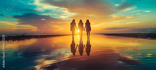 Silhouette of three female friends in beach during sunset.