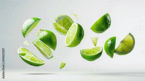 Green lime flying with sliced pieces and shadow on a white background