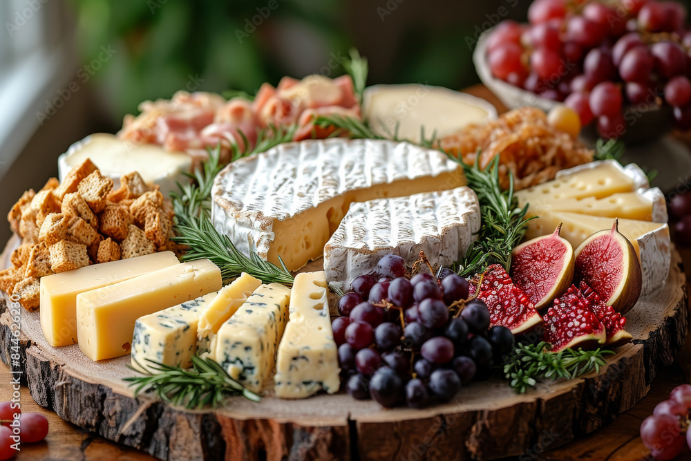 A wooden platter with a variety of cheeses and fruits, including grapes and figs A wooden platter with a variety of cheeses and fruits, including grapes and figs