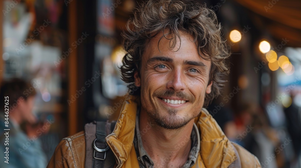 A joyful man with a backpack and tousled hair displaying a bright smile in an urban environment A joyful man with a backpack and tousled hair displaying a bright smile in an urban environment