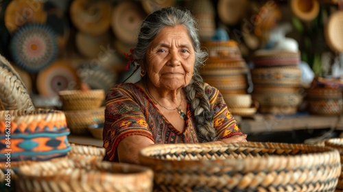 An older woman with a long braid surrounded by handcrafted traditional baskets photo