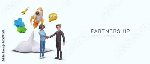 Partnership concept in positive style. Men of different races shake hands