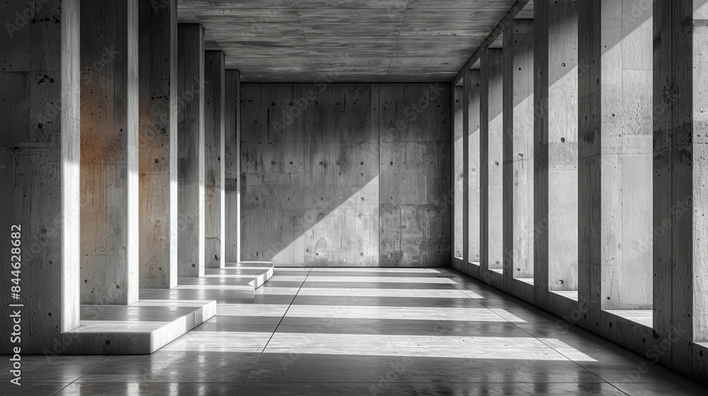 A well-lit minimalist interior with strong geometric lines in a concrete building A well-lit minimalist interior with strong geometric lines in a concrete building