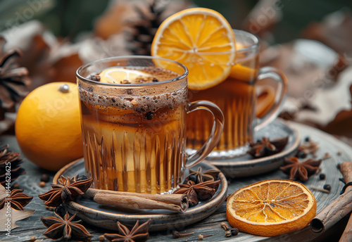 Two cups of tea with orange slices and cinnamon on a wooden table