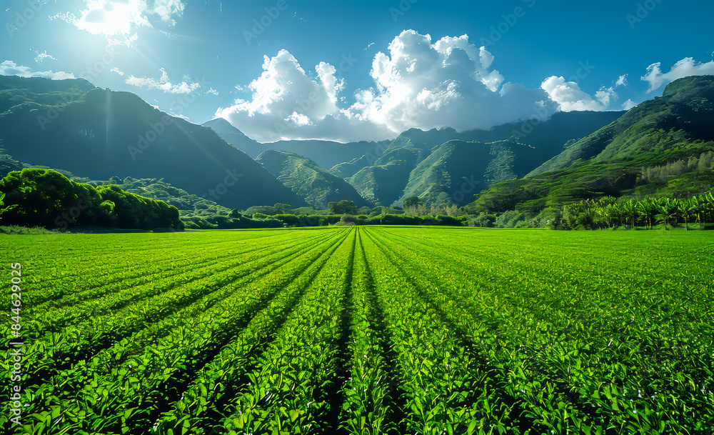 A field of green grass with a mountain in the background A field of green grass with a mountain in the background