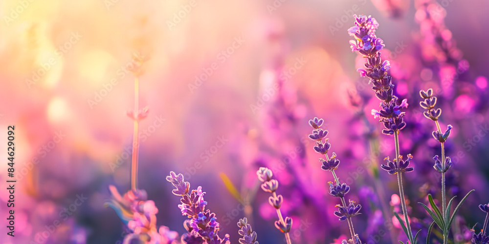 Naklejka premium Lavender flowers in a meadow with dreamy backdrop with a blend of warm and cool tones. Perfect for backgrounds, greeting cards, and nature related projects. Text space