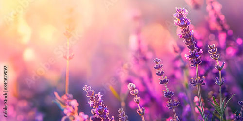 Lavender flowers in a meadow with dreamy backdrop with a blend of warm and cool tones. Perfect for backgrounds  greeting cards  and nature related projects. Text space