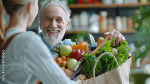 Senior Man Shopping for Fresh Vegetables and Fruts at Market. Generative ai