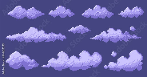Pixelated 8 bit clouds. Retro video game sky background, digital 2D sprite asset, blue white cloud shapes for game design. Vector isolated set