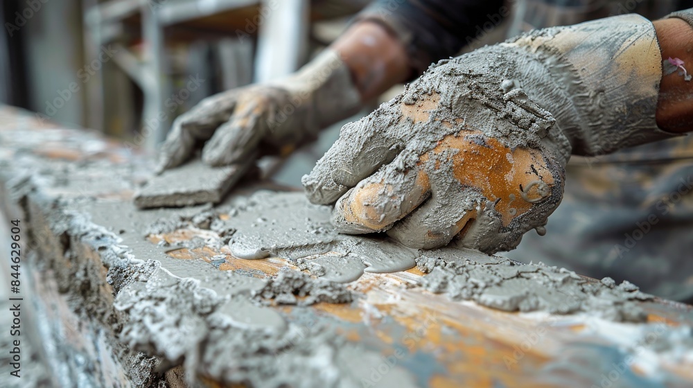 Close-up of a construction worker's hands applying wet cement while building a structure Close-up of a construction worker's hands applying wet cement while building a structure
