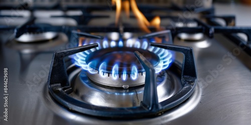 Burning gas stove burner, ideal for kitchen and culinary visuals. © JovialFox