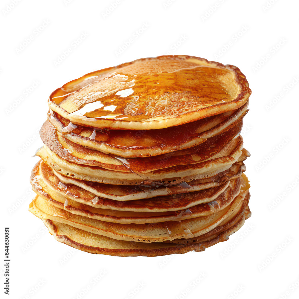 Stack of delicious golden brown pancakes topped with syrup, isolated on a white background. Perfect breakfast or brunch food. Stack of delicious golden brown pancakes topped with syrup, isolated on a white background. Perfect breakfast or brunch food.