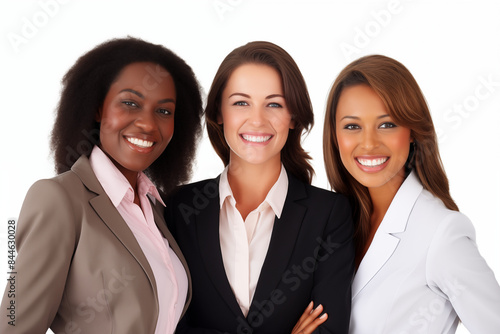 Interracial group of smiling businesswomen at work on white background. Women in suits at work. Women bosses. Political woman. Image for graphic designer. Business world. Job recruitment. Africa