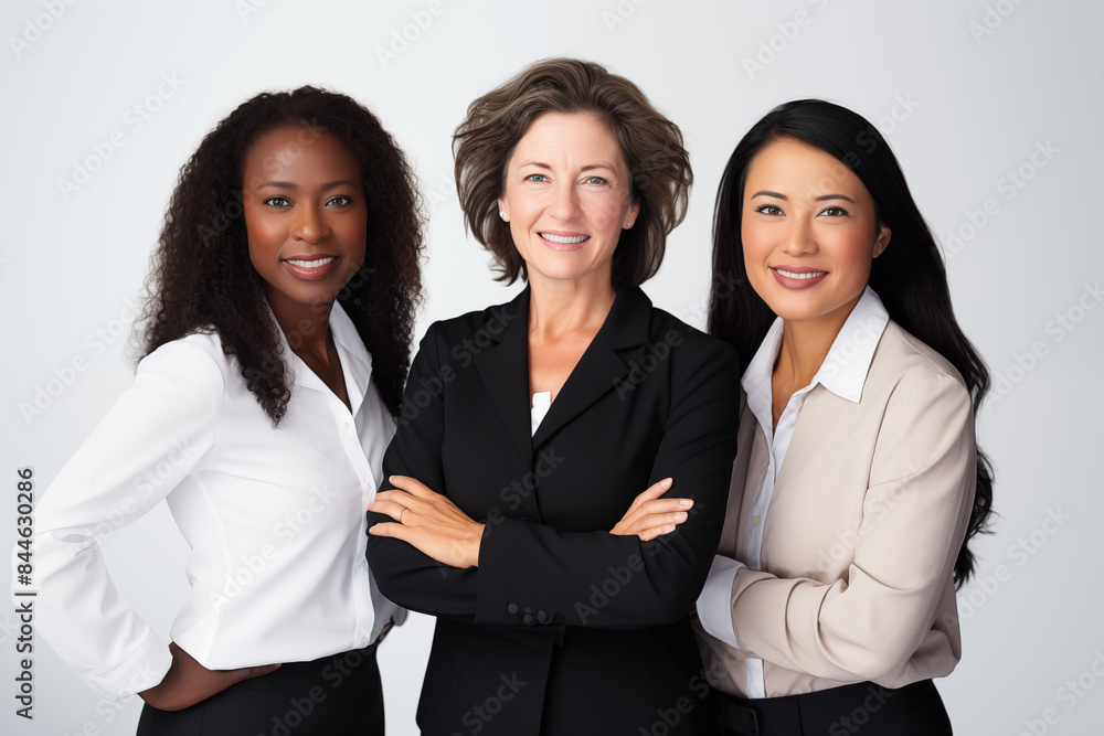 Interracial group of smiling businesswomen at work on white background. Women in suits at work. Women bosses. Political woman. Image for graphic designer. Business world. Job recruitment. Africa Interracial group of smiling businesswomen at work on white background. Women in suits at work. Women bosses. Political woman. Image for graphic designer. Business world. Job recruitment. Africa