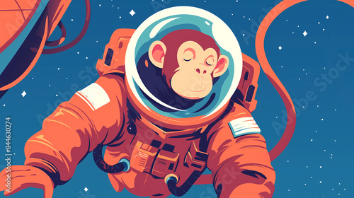 illustration of a monkey wearing an astronaut suit floating in space with copy space