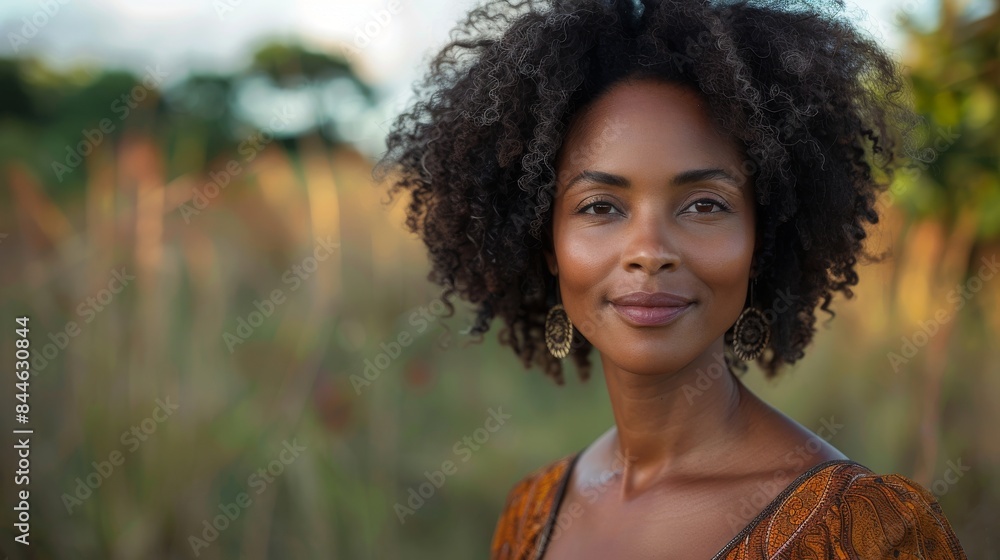 An African woman smiling gently with a natural background during the golden hour An African woman smiling gently with a natural background during the golden hour