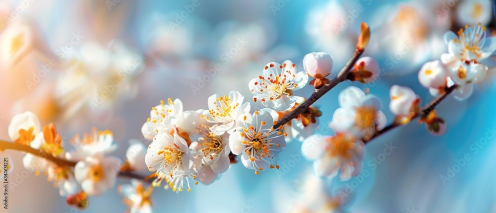 Beautiful floral spring abstract background of nature. Branches of blossoming apricot macro with soft focus on gentle light blue sky background Beautiful floral spring abstract background of nature. Branches of blossoming apricot macro with soft focus on gentle light blue sky background