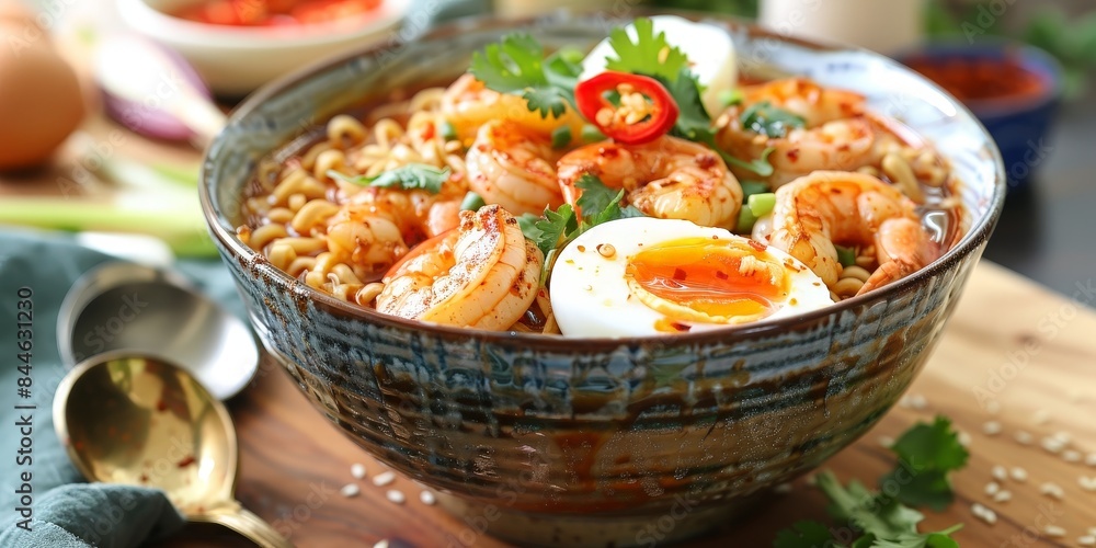 Delicious bowl of ramen with shrimp, soft-boiled egg, and chili garnished with fresh herbs, capturing the essence of Asian cuisine.