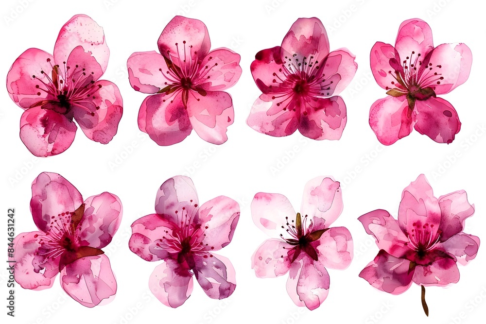 Vibrant Collection of Watercolor Pink Flower Blossom Icons with Grungy Aquarelle Texture Background