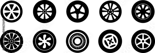 Set of vector icons, black and white silhouette wheels for car © MDMAHBUBUR