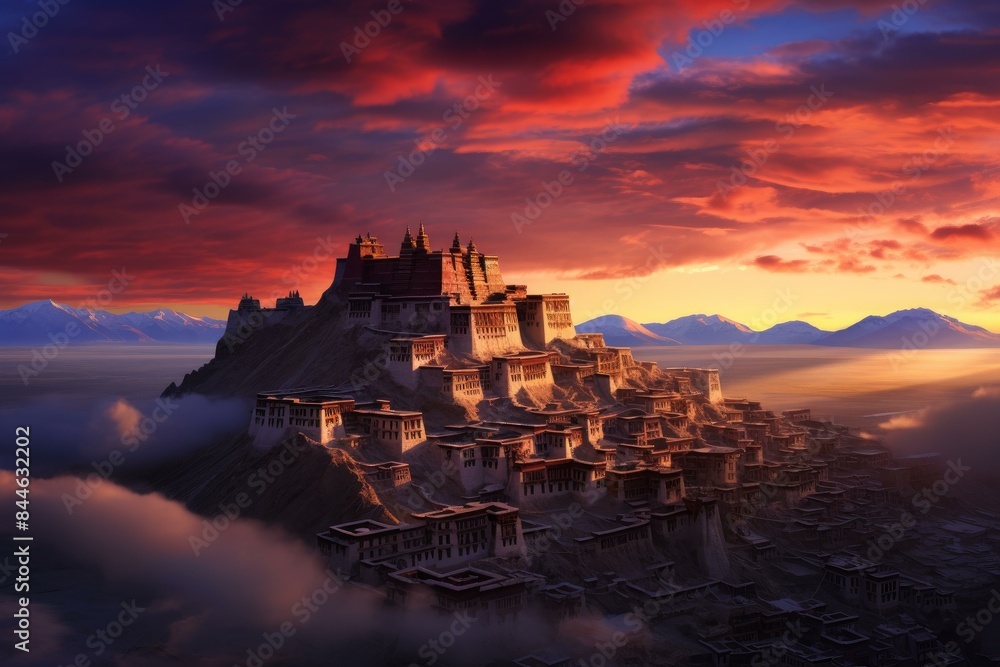 Stunning image capturing the warmth of sunrise over an ancient monastery nestled in the mountains
