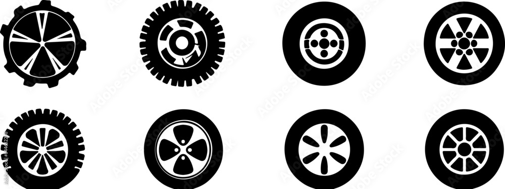 Set of vector icons, black and white silhouette wheels for car Set of vector icons, black and white silhouette wheels for car