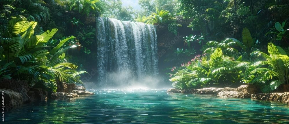 A lush tropical jungle with exotic plants and a hidden waterfall in the background.