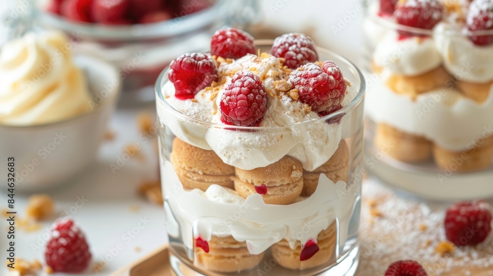 Dessert with whipped cream ladyfinger cookies and raspberry toppings Dessert with whipped cream ladyfinger cookies and raspberry toppings