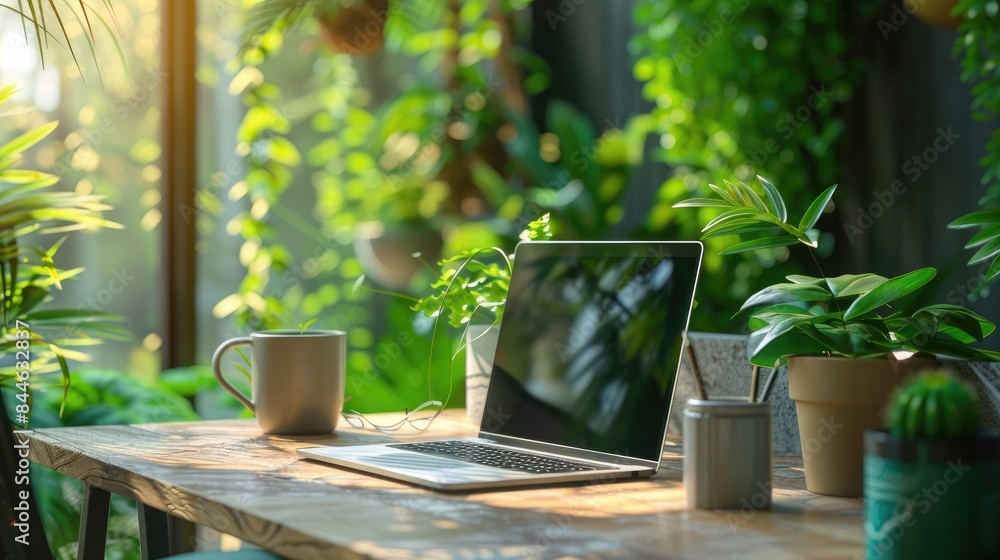 A cozy home office setup with a laptop, coffee mug, and plants on a wooden desk in a sunlit room filled with greenery. Perfect for remote work. A cozy home office setup with a laptop, coffee mug, and plants on a wooden desk in a sunlit room filled with greenery. Perfect for remote work.