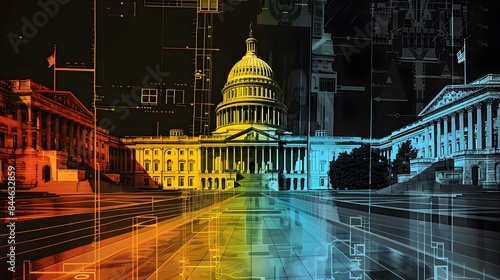 Create an artistic representation of the three branches of government, showcasing the executive, legislative, and judicial branches in a dynamic and interconnected way.