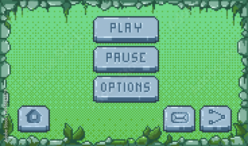 Pixel game menu. Retro video game buttons, 8 bit asset, UI interface elements for mobile. Vector arcade design set