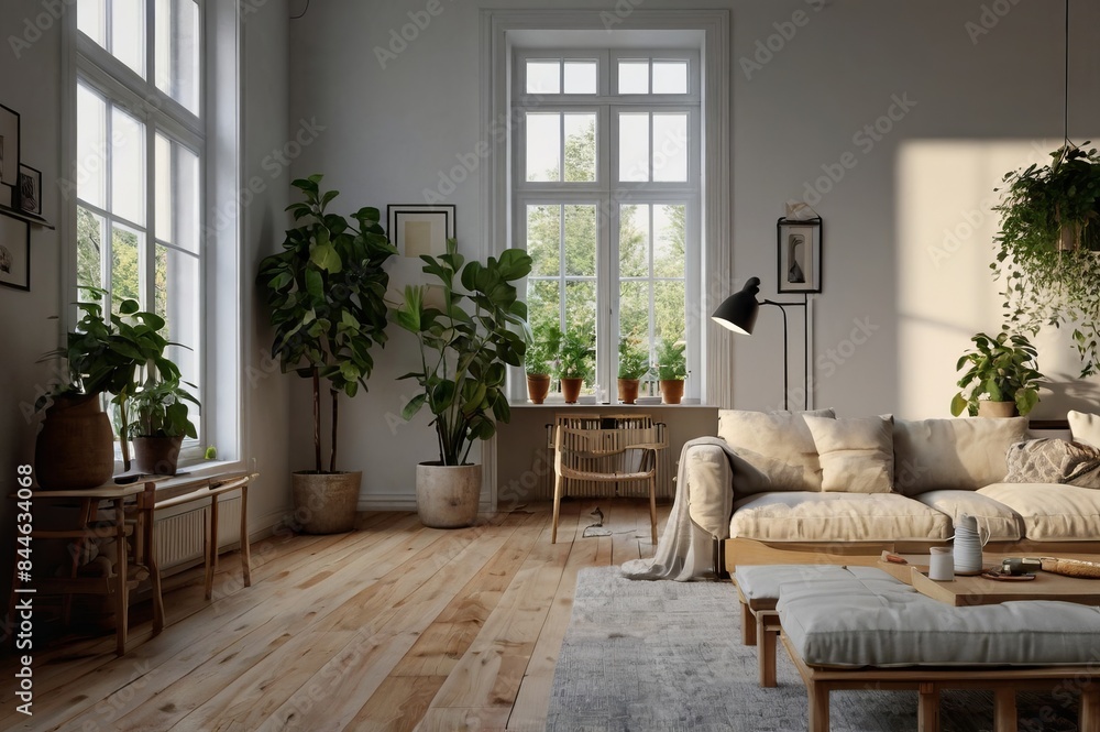 Fototapeta premium The interior design of the home features Scandinavian style with minimalist design and natural light.