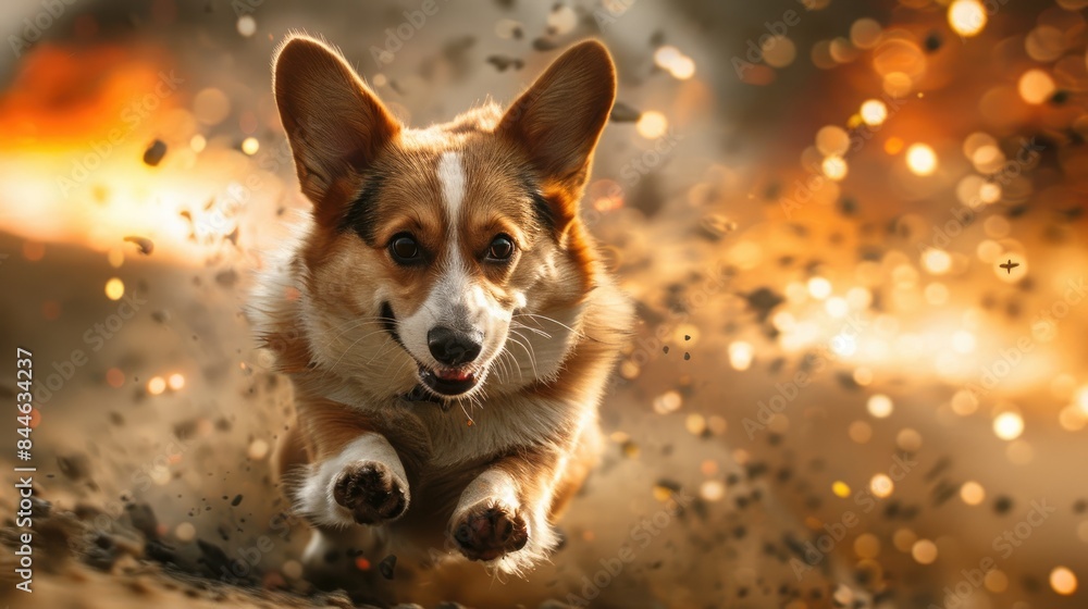 A corgi dog runs through a field of sparks and light. A corgi dog runs through a field of sparks and light.