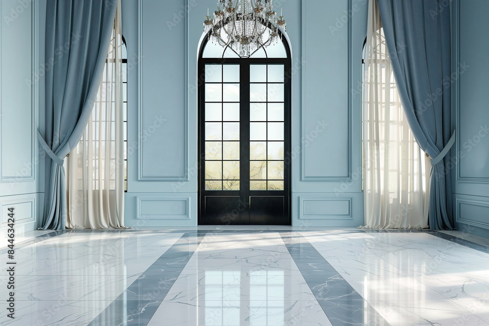 Rococo blue room with door backdrop with drapes and windows. Rococo blue room with door backdrop with drapes and windows.