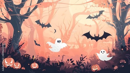 Ghostly Haunts in the Autumnal Forest Enchanting Halloween Landscape with Pumpkins and Bats photo