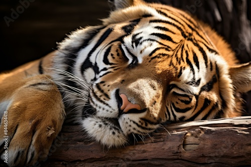 Close-up of a majestic and peaceful sleeping tiger in its natural habitat  showcasing the beauty of this endangered species in a restful and undisturbed state