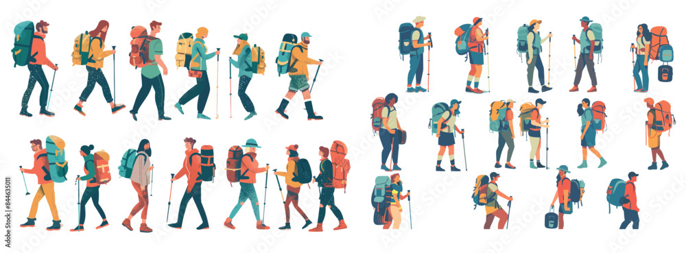 Tourists on a nature adventure, backpacks on a summer vacation. People hiking, walking, trekking, camping on a white background. Tourists on a nature adventure, backpacks on a summer vacation. People hiking, walking, trekking, camping on a white background.