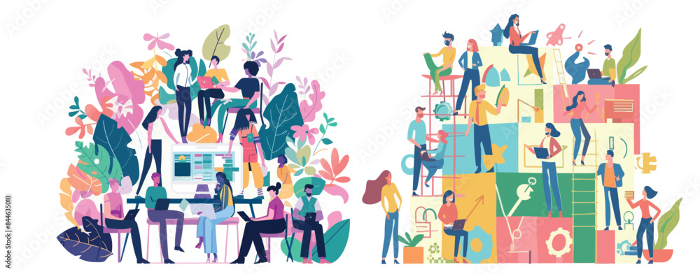 Concept of teamwork or collaboration. Teams of people work together on corporate business projects for a common goal. Concept of teamwork or collaboration. Teams of people work together on corporate business projects for a common goal.