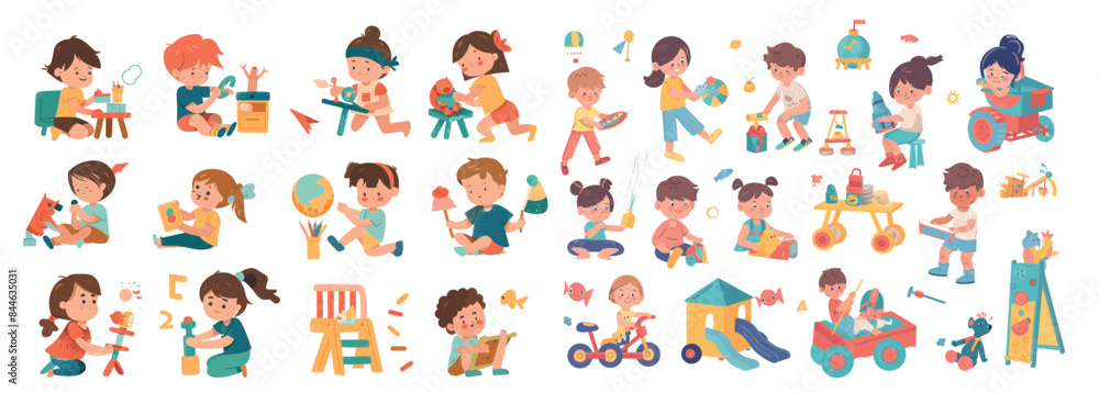 In a nursery playroom, little boys and girls play with toys. Happy childhood of kindergarten kids. In a nursery playroom, little boys and girls play with toys. Happy childhood of kindergarten kids.
